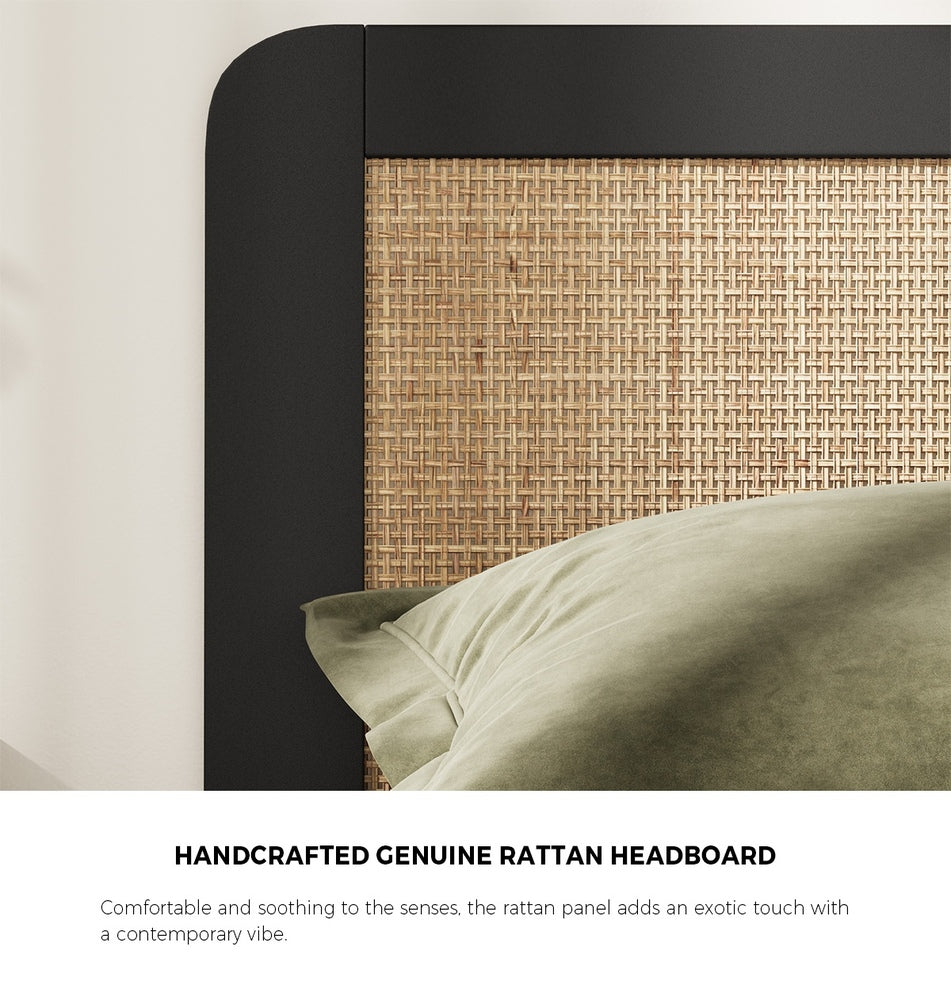 Oikiture Bed Frame Single Size Real Rattan Headboard Black