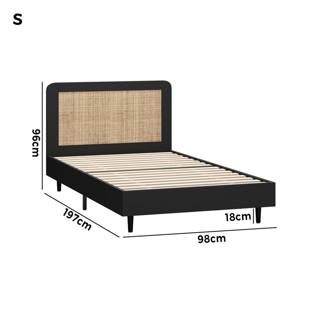 Oikiture Bed Frame Single Size Real Rattan Headboard Black
