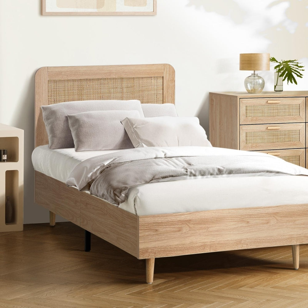 Oikiture Wooden Bed Frame Single Size Rattan Headboard