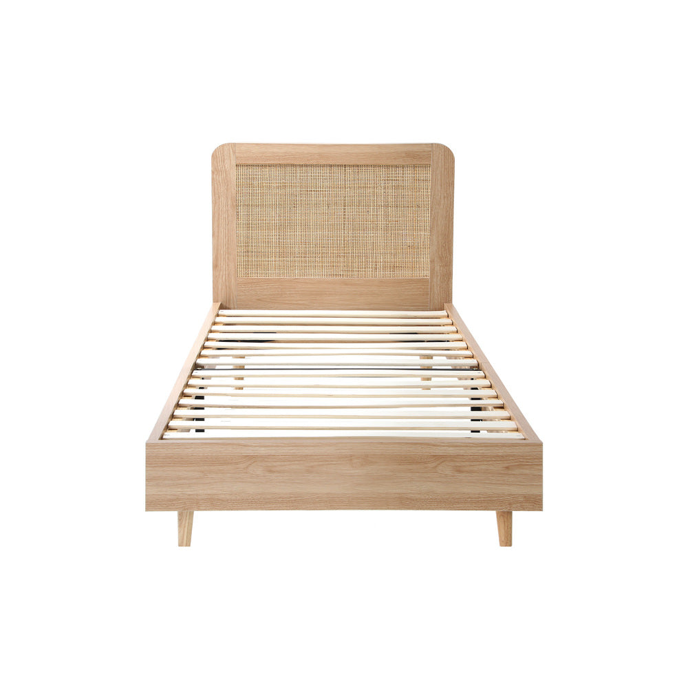 Oikiture Wooden Bed Frame Single Size Rattan Headboard