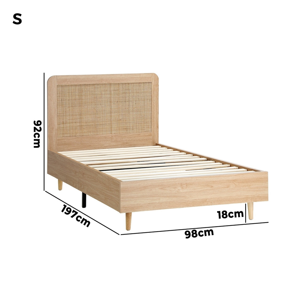 Oikiture Wooden Bed Frame Single Size Rattan Headboard