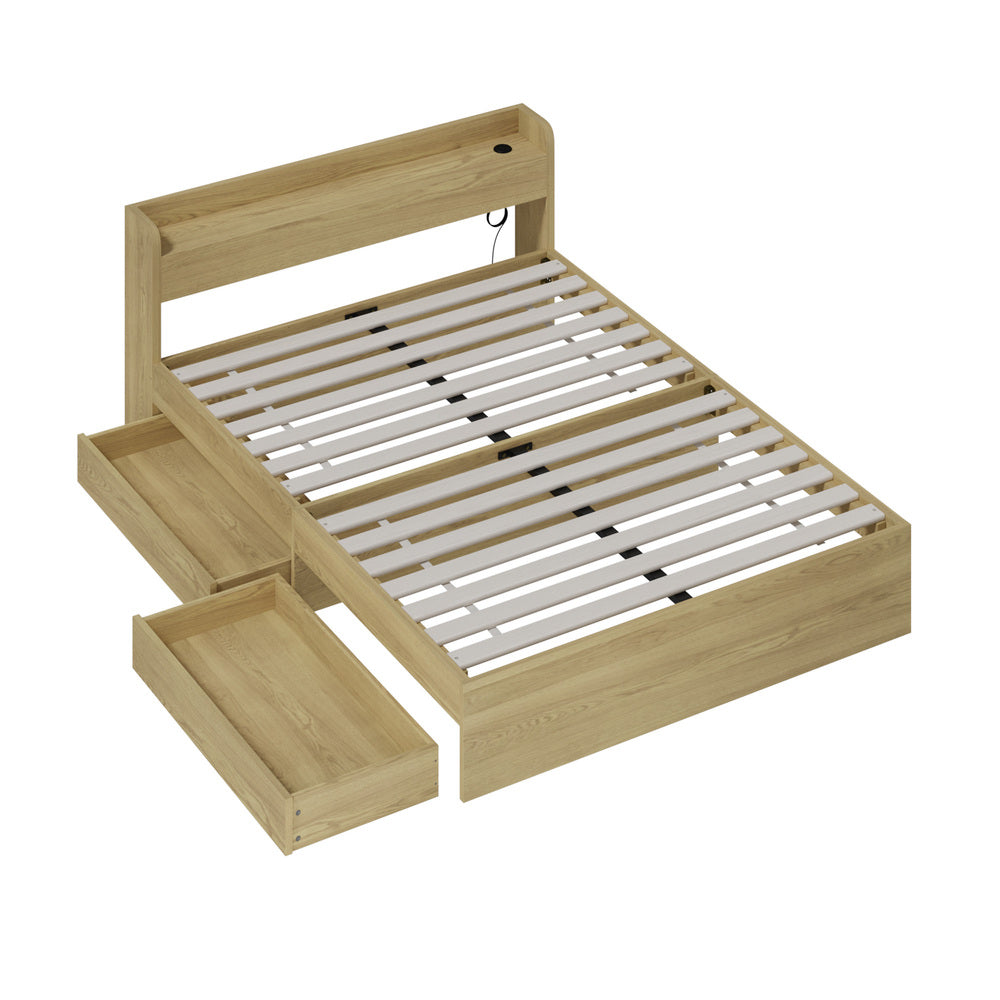Oikiture Double Bed Frame with Charging Ports and 2 Drawers