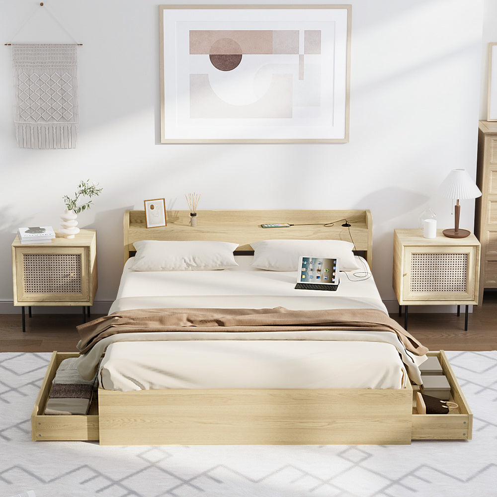 Oikiture Double Bed Frame with Charging Ports and 2 Drawers