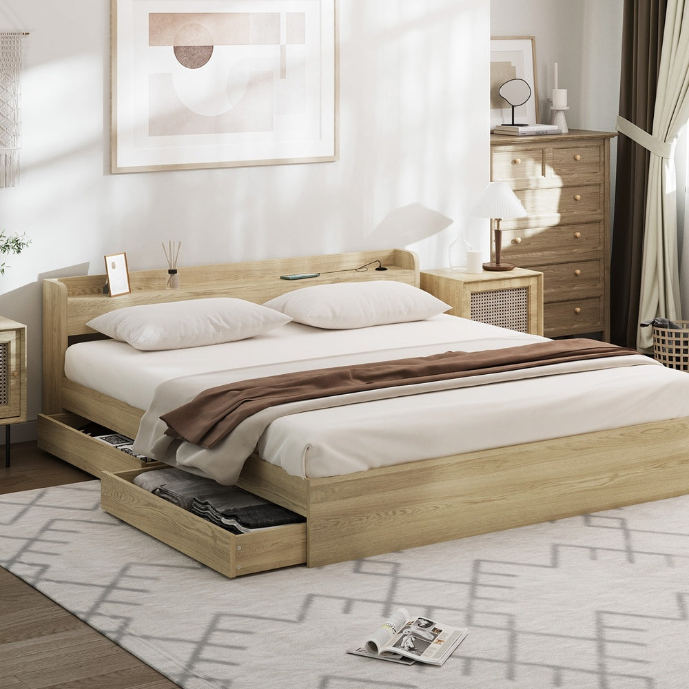 Oikiture King size Bed Frame with Charging Ports 2 Drawers Natural