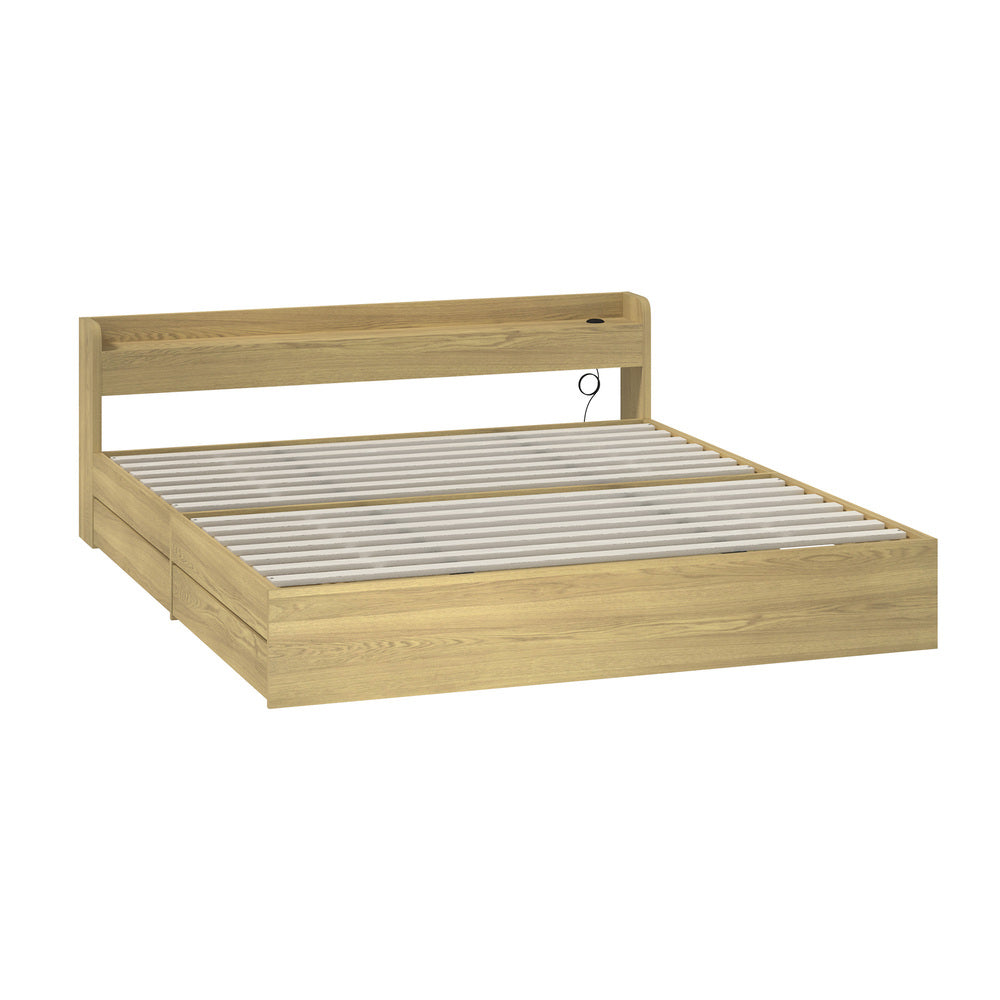 Oikiture King size Bed Frame with Charging Ports 2 Drawers Natural