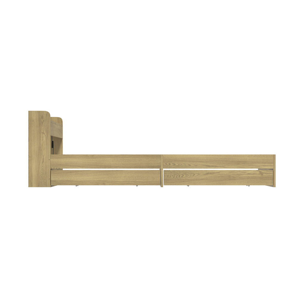 Oikiture King size Bed Frame with Charging Ports 2 Drawers Natural