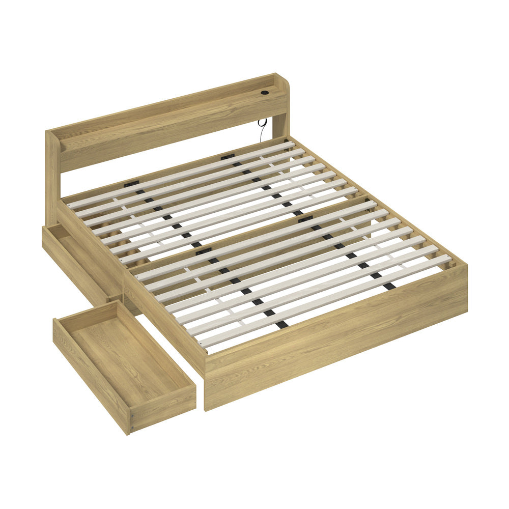 Oikiture King size Bed Frame with Charging Ports 2 Drawers Natural