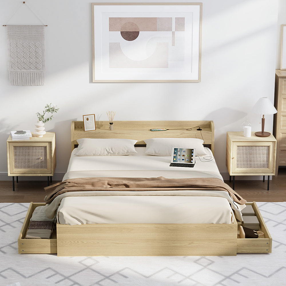 Oikiture King size Bed Frame with Charging Ports 2 Drawers Natural