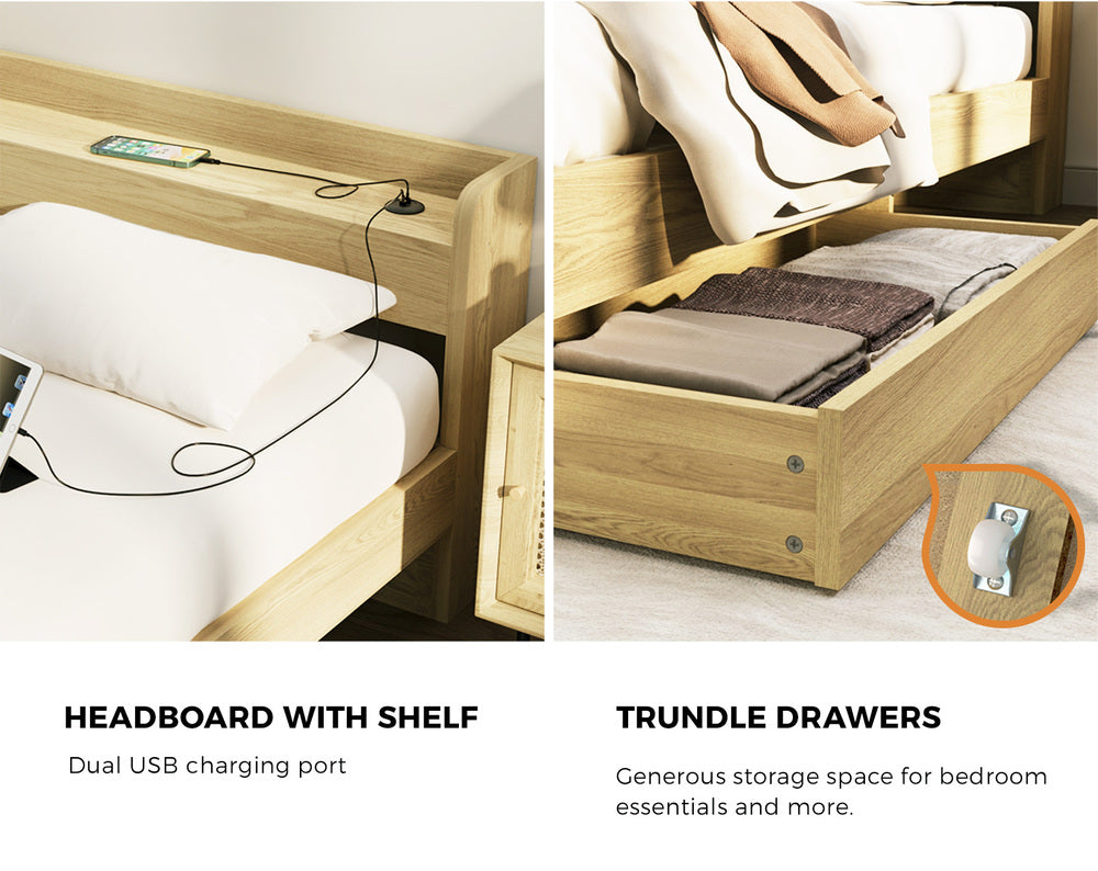Oikiture King size Bed Frame with Charging Ports 2 Drawers Natural
