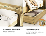 Oikiture King size Bed Frame with Charging Ports 2 Drawers Natural