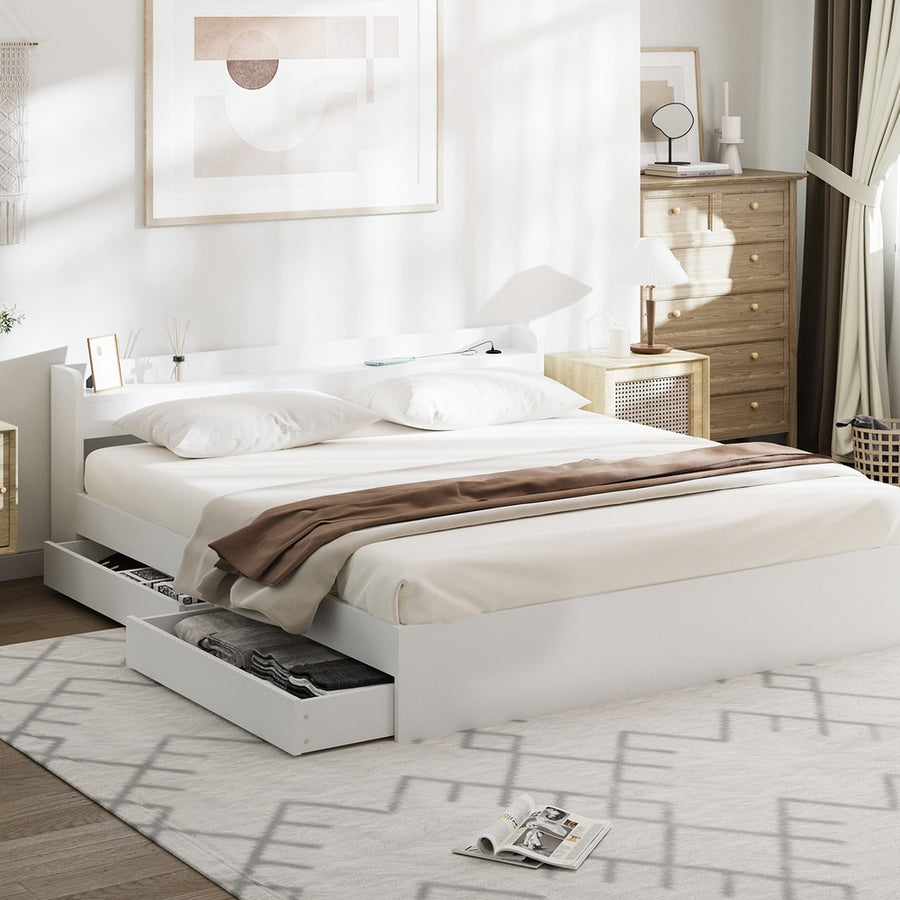 Oikiture Bed Frame King Size with 2 Drawers Charging Ports White, image 6