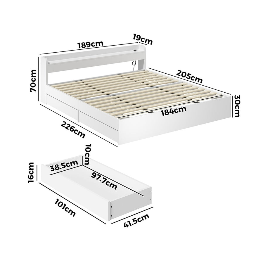 Oikiture Bed Frame King Size with 2 Drawers Charging Ports White, image 3