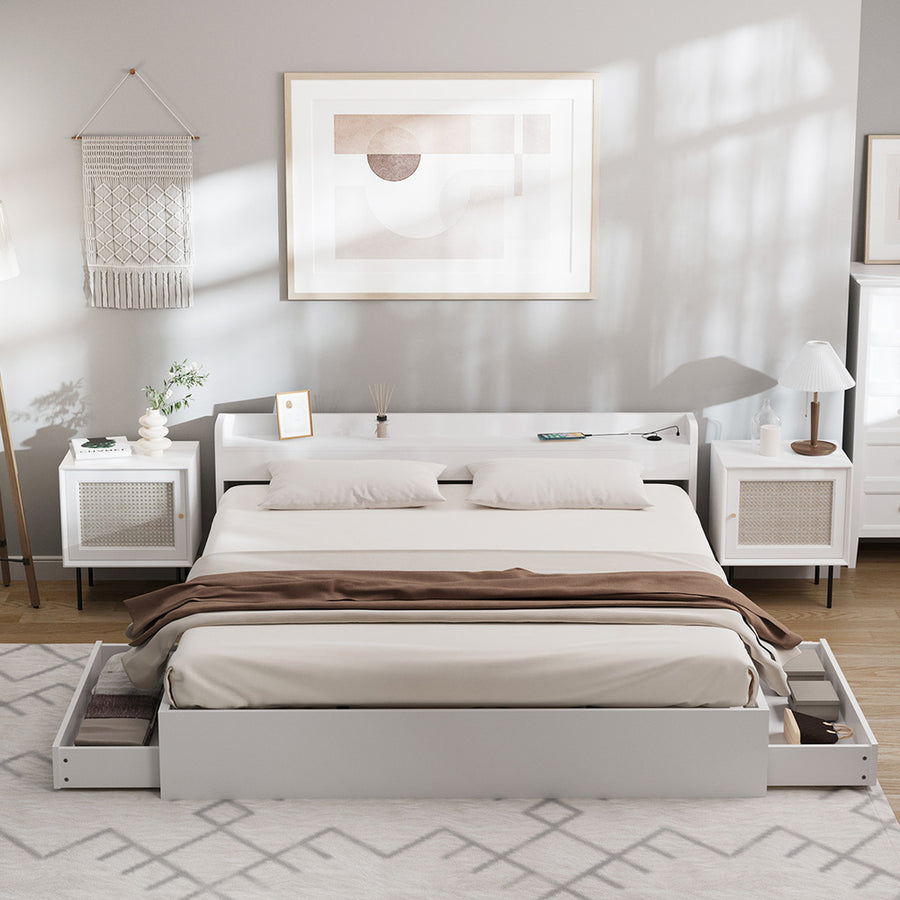 Oikiture Bed Frame King Size with 2 Drawers Charging Ports White, image 4