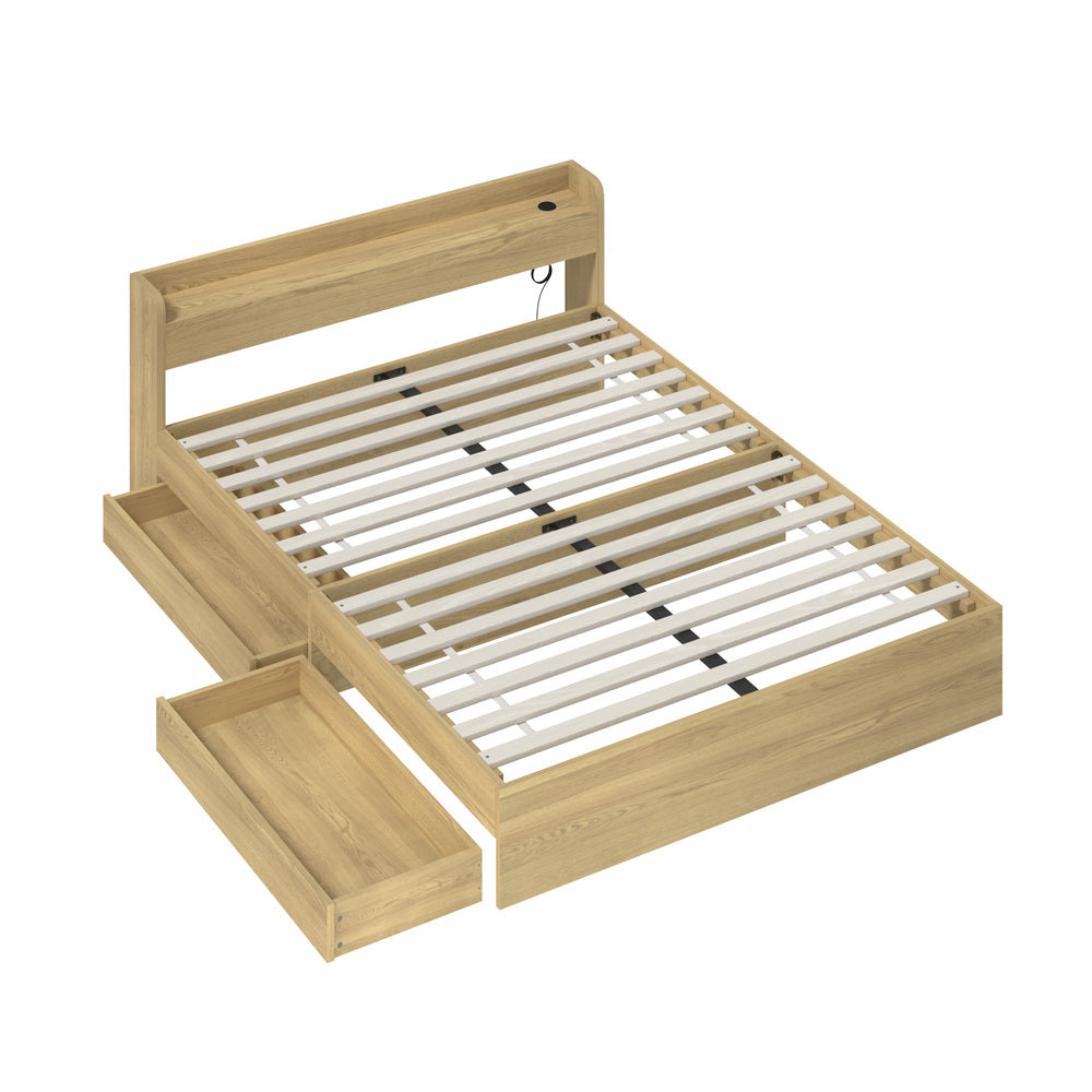 Oikiture Queen Size Bed Frame with Charging Ports & 2 Drawers