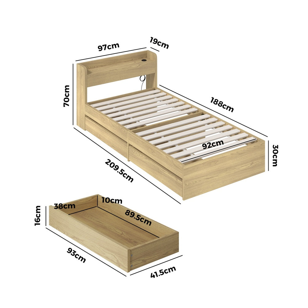 Oikiture Single Size Bed Frame with Charging Ports & 2 Drawers