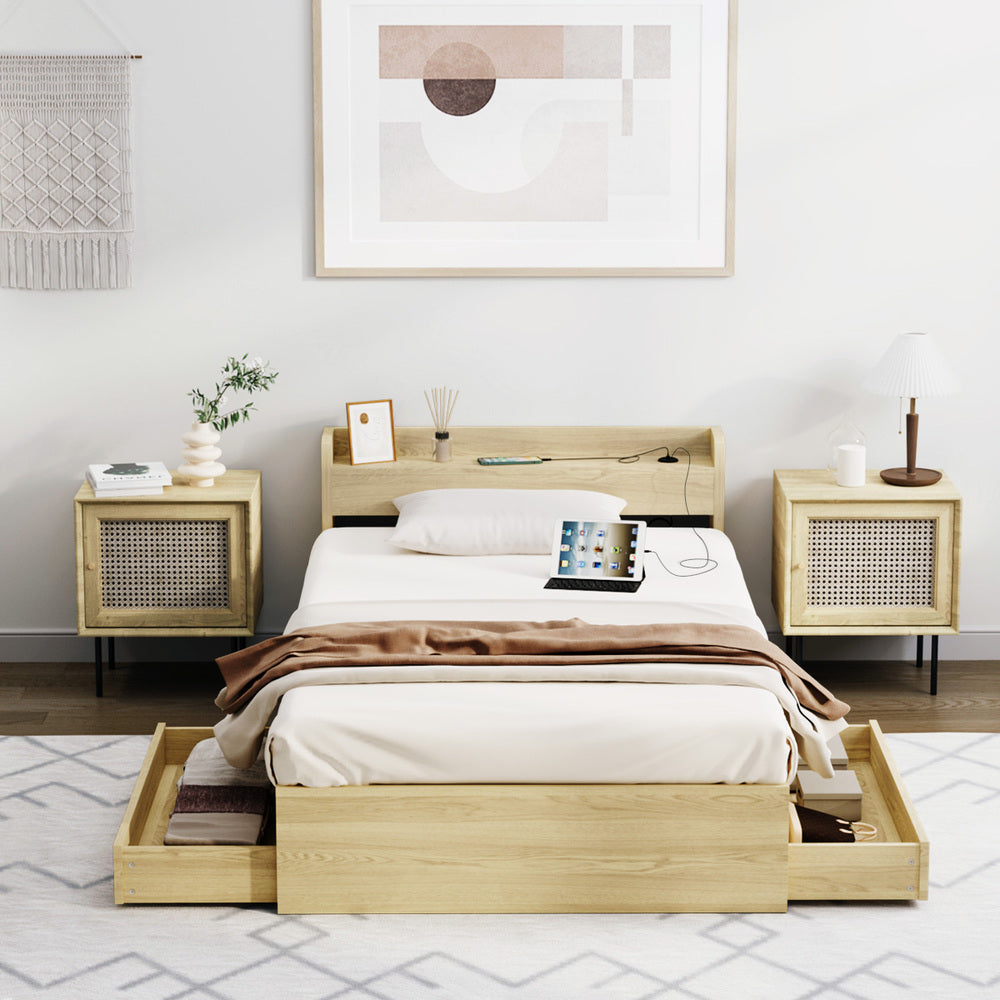 Oikiture Single Size Bed Frame with Charging Ports & 2 Drawers