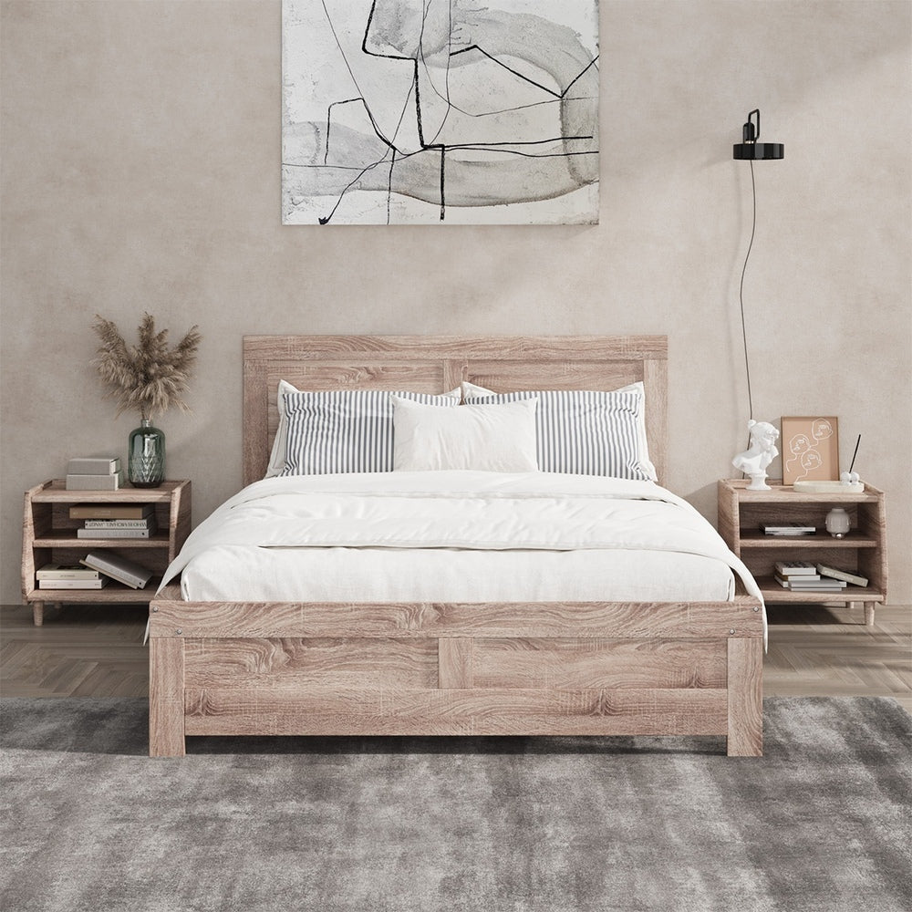 Oikiture Wooden Bed Frame Queen Size Contemporary Light Oak