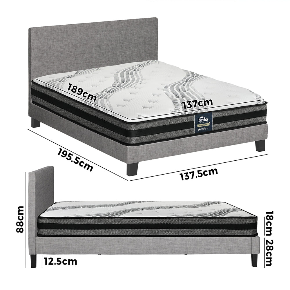 Oikiture Bed Frame with Double Size Mattress Set Grey Fabric