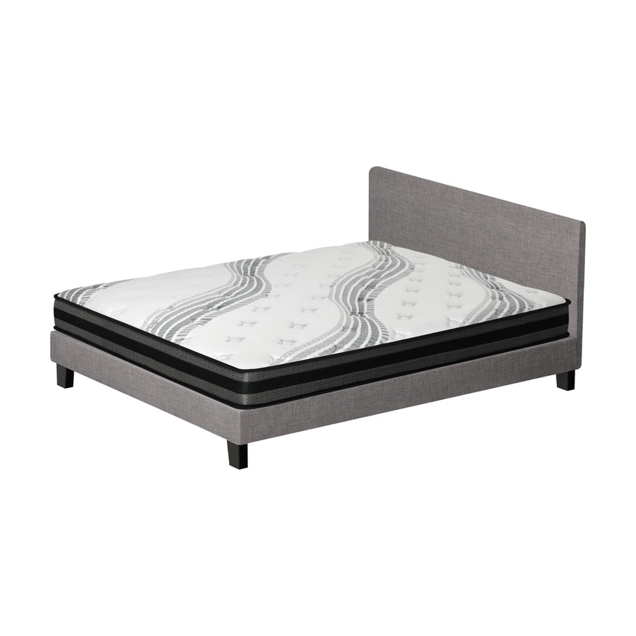 Oikiture Bed Frame with Double Size Mattress Set Grey Fabric, image 2
