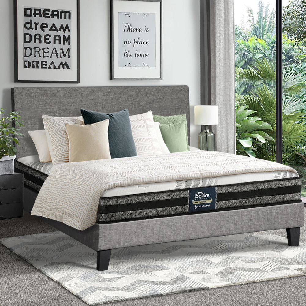 Oikiture Bed Frame with Double Size Mattress Set Grey Fabric