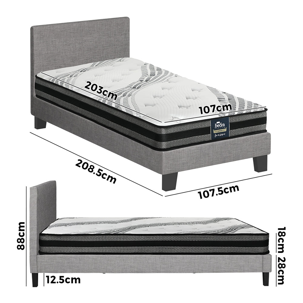 Oikiture Bed Frame with King Single Size Mattress Set Grey Fabric