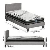 Oikiture Bed Frame with King Single Size Mattress Set Grey Fabric - Rear View