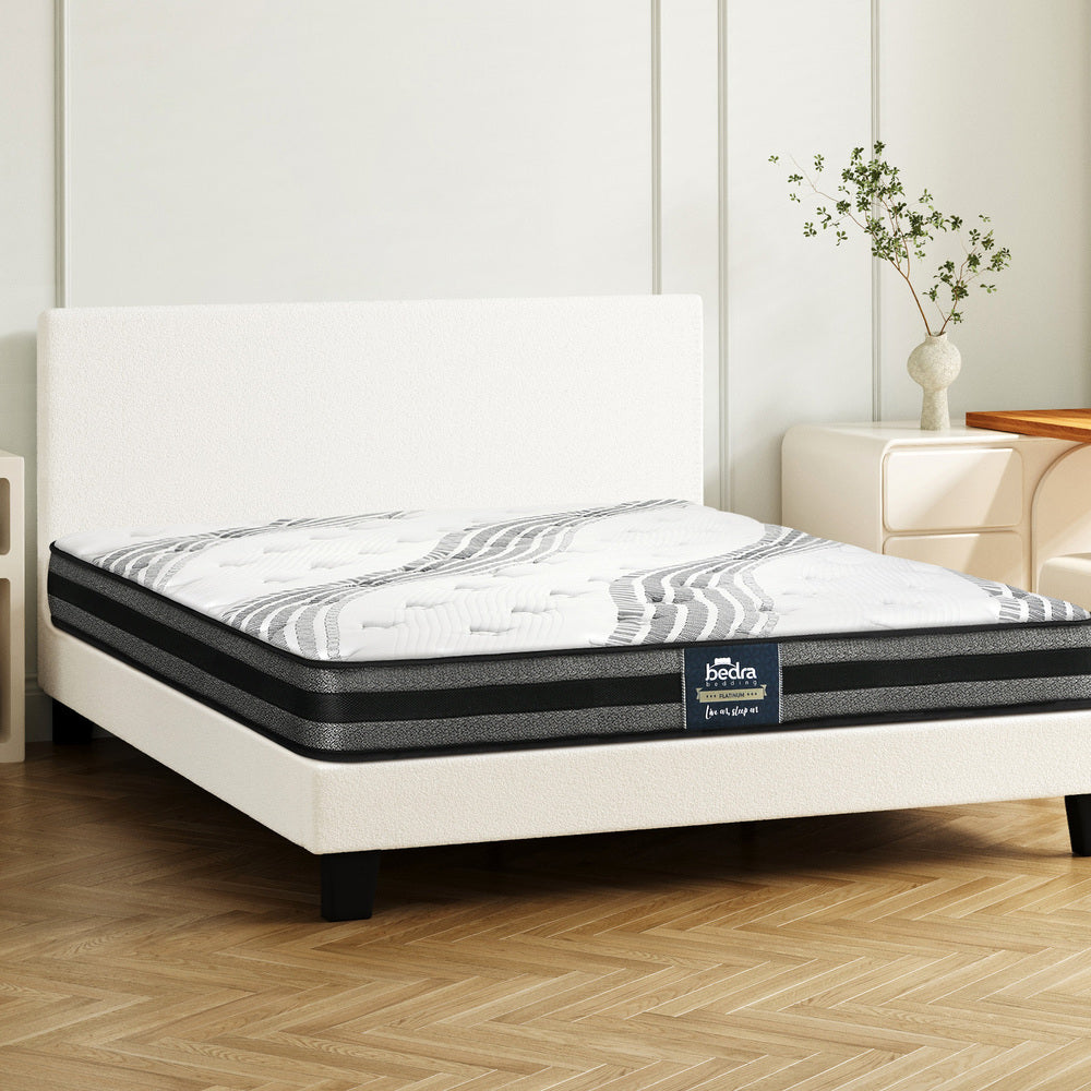 Oikiture Bed Frame with Double Mattress Set Boucle Fabric White