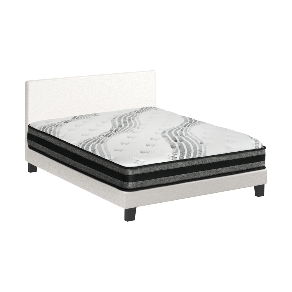 Oikiture Bed Frame with Double Mattress Set Boucle Fabric White