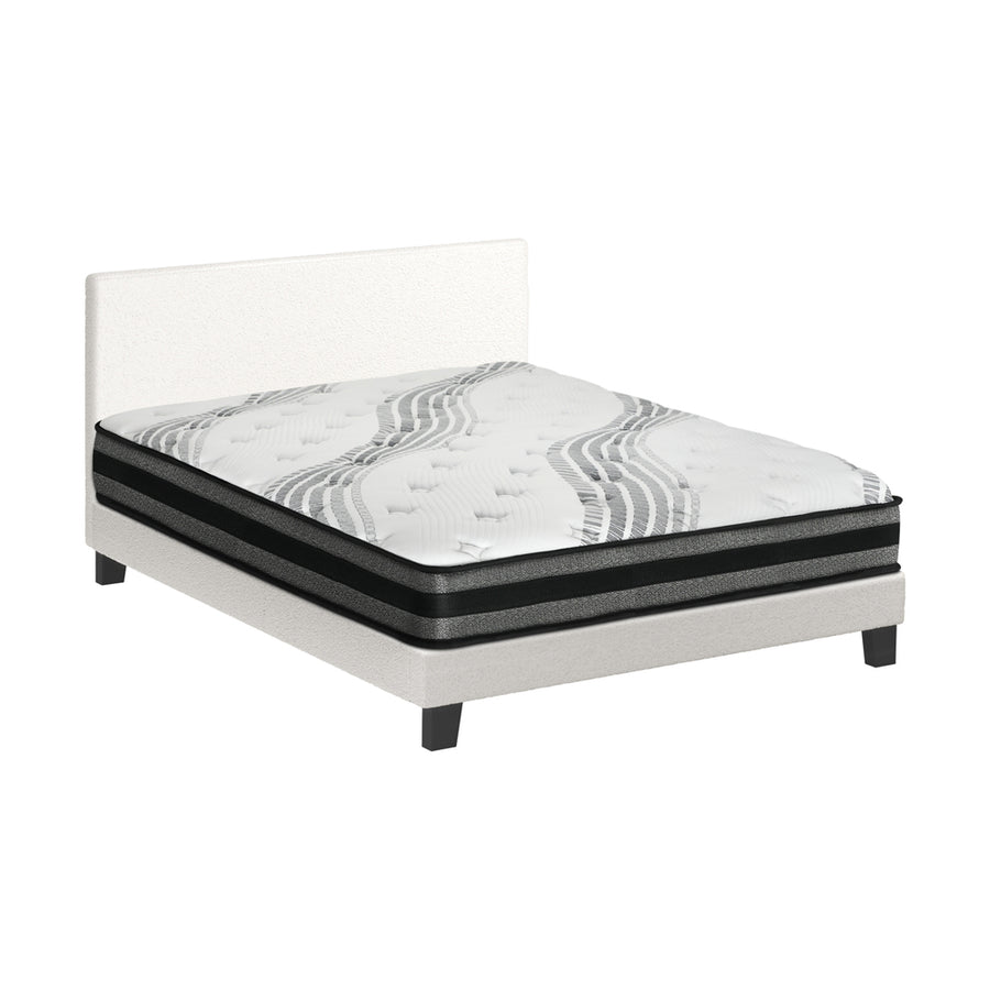 Oikiture Bed Frame with Double Mattress Set Boucle Fabric White