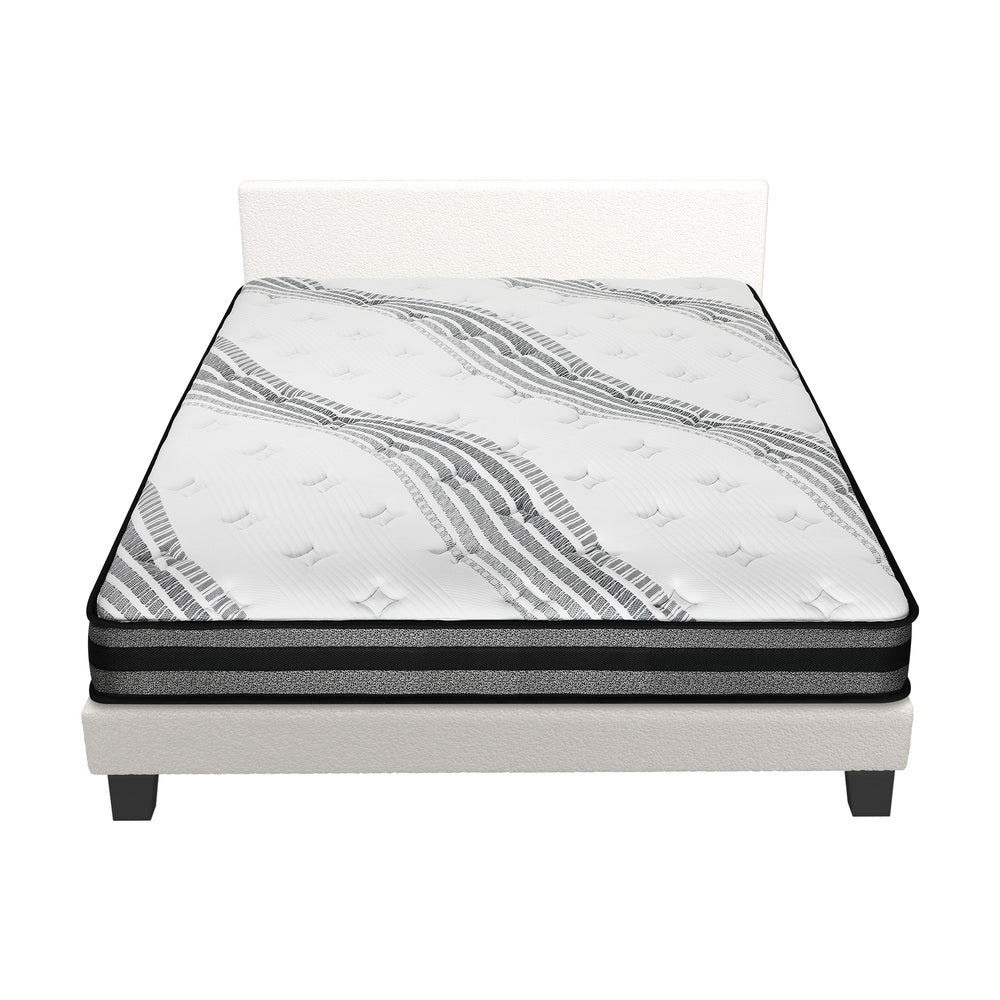 Oikiture Bed Frame with Double Mattress Set Boucle Fabric White