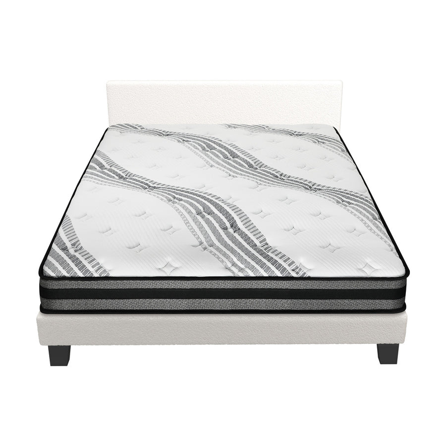 Oikiture Bed Frame with Double Mattress Set Boucle Fabric White, image 9