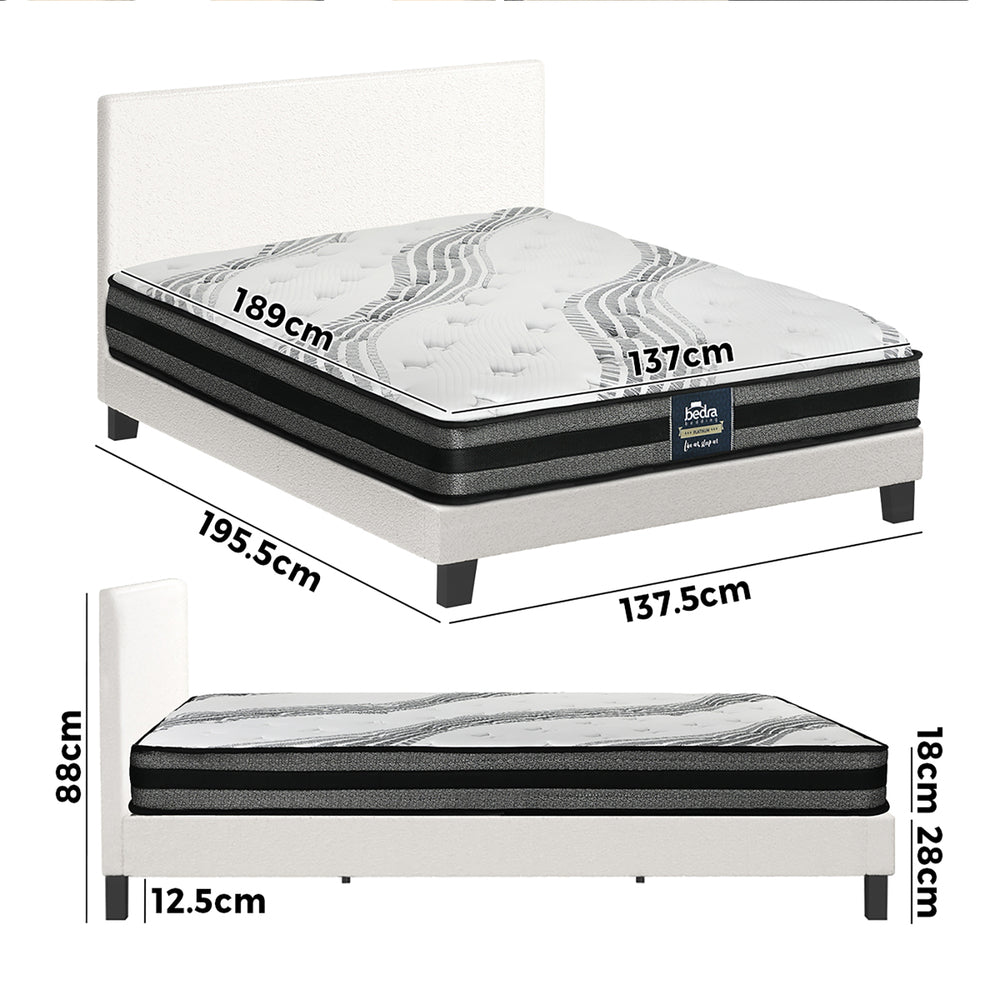 Oikiture Bed Frame with Double Mattress Set Boucle Fabric White