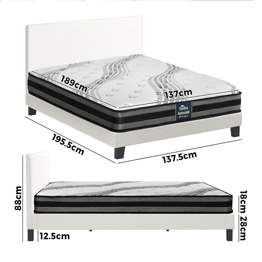 Oikiture Bed Frame with Double Mattress Set Boucle Fabric White, image 3