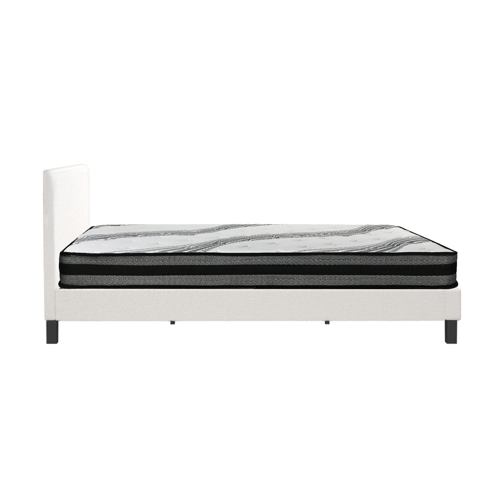 Oikiture Bed Frame with Double Mattress Set Boucle Fabric White