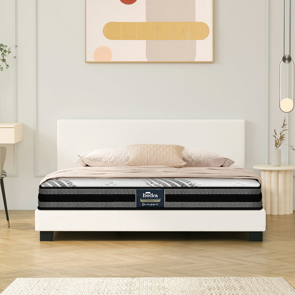 Oikiture Bed Frame with Double Mattress Set Boucle Fabric White