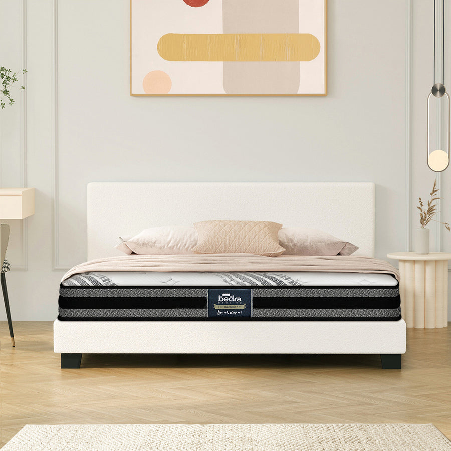 Oikiture Bed Frame with Double Mattress Set Boucle Fabric White, image 8