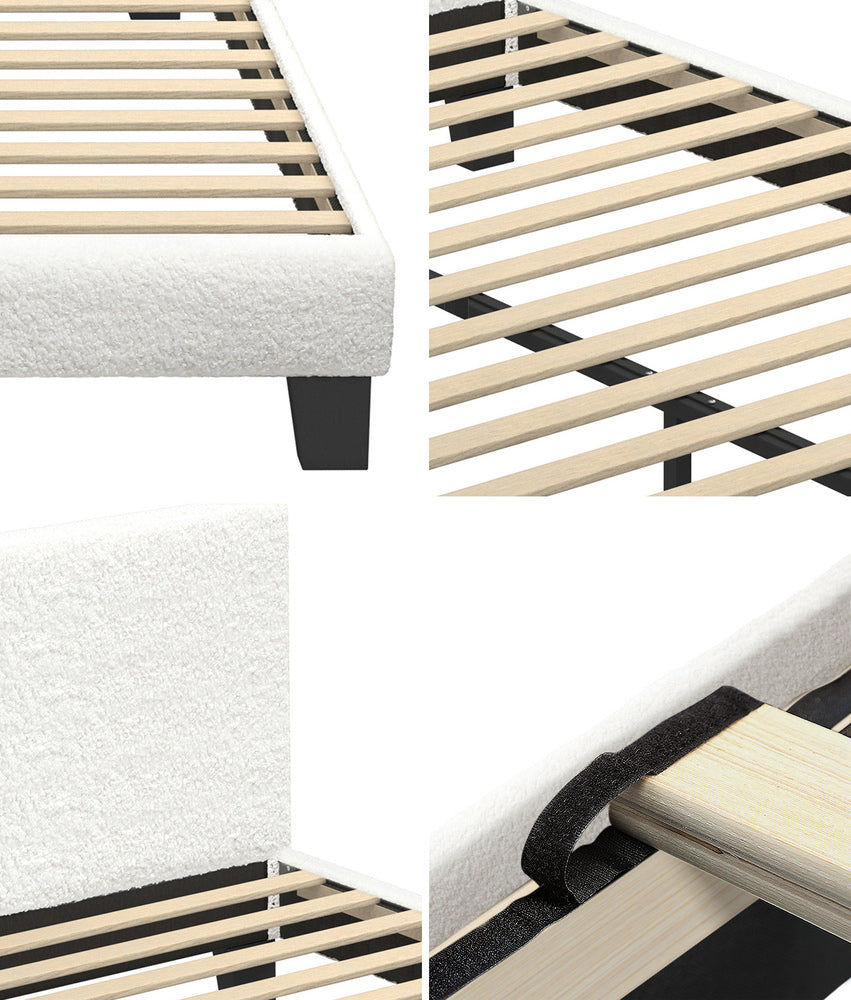 Oikiture Bed Frame with Double Mattress Set Boucle Fabric White