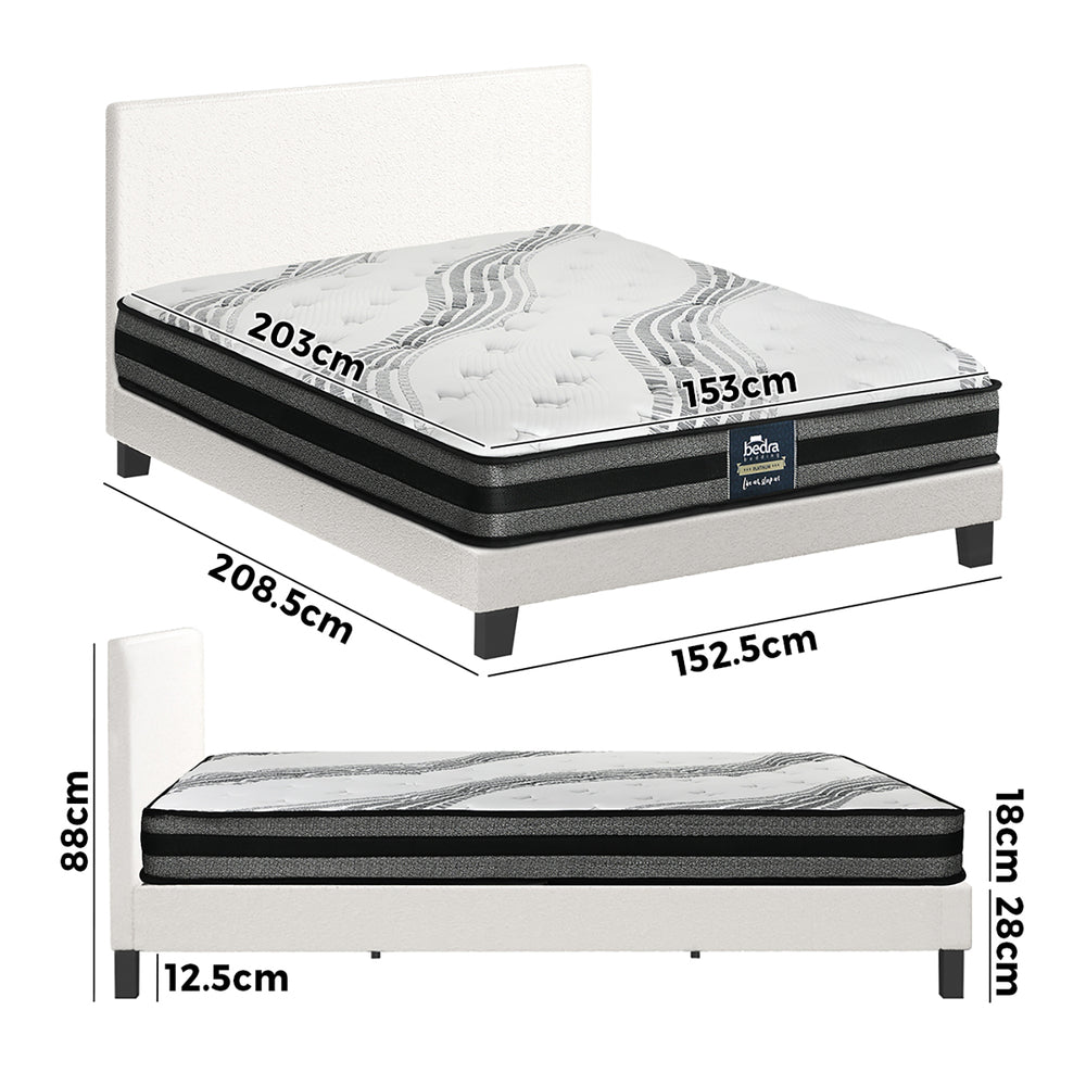 Oikiture Bed Frame with Queen Size Mattress Set Boucle Fabric White