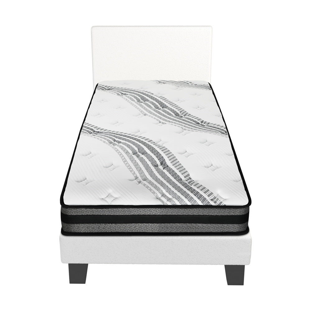 Oikiture Bed Frame with Single Size Mattress Set Boucle Fabric White