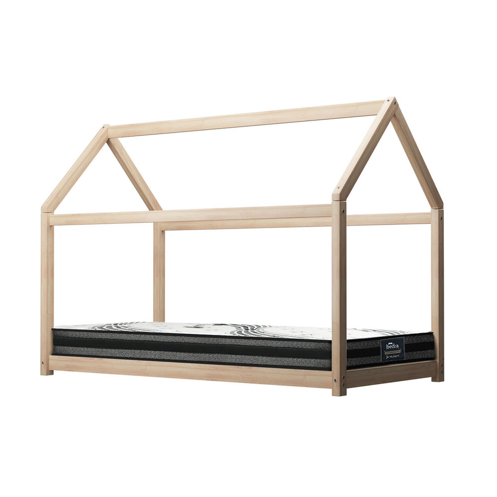 Oikiture Kids Bed Frame With Single Mattress Set House Style Wooden