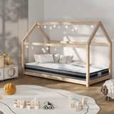 Oikiture Kids Bed Frame With Single Mattress Set House Style Wooden
