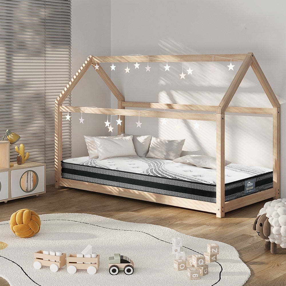 Oikiture Kids Bed Frame With Single Mattress Set House Style Wooden