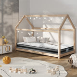 Oikiture Kids Bed Frame With Single Mattress Set House Style Wooden - Front View