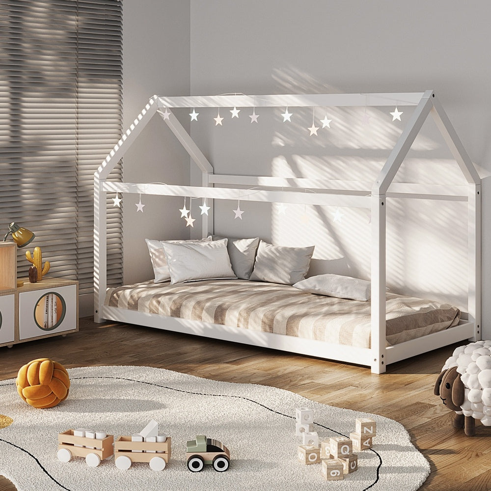 Oikiture Wooden Bed Frame Single House Style White