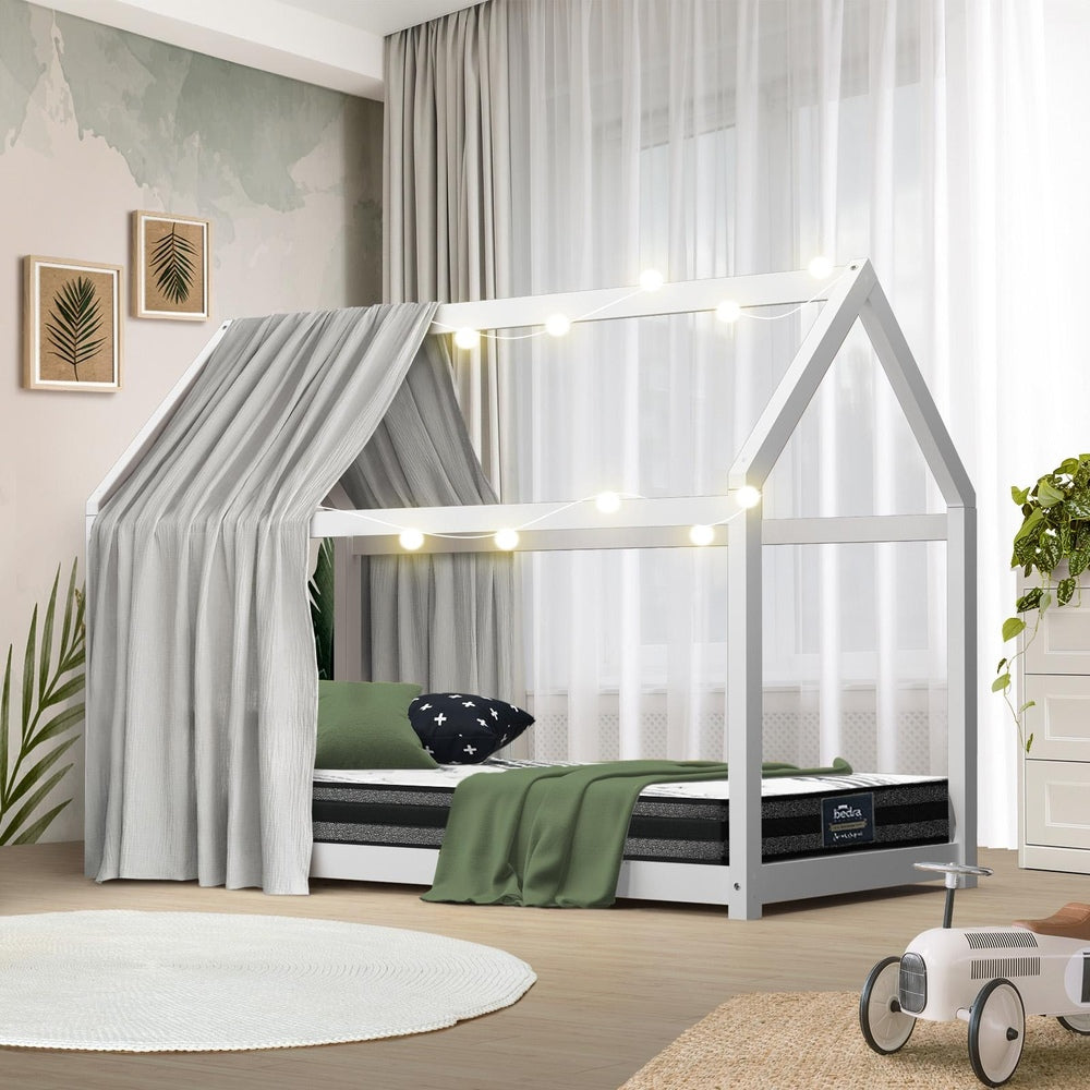 Oikiture Kids Bed Frame with Single Mattress House Style White