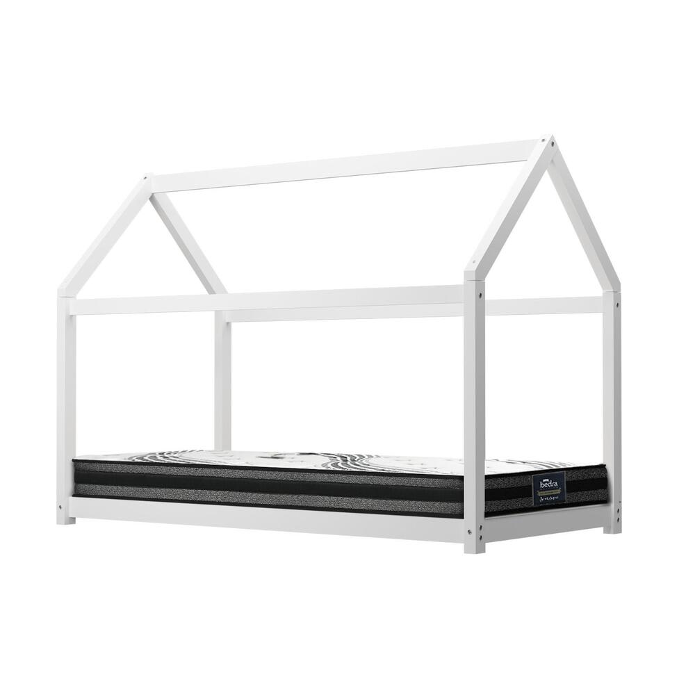Oikiture Kids Bed Frame with Single Mattress House Style White