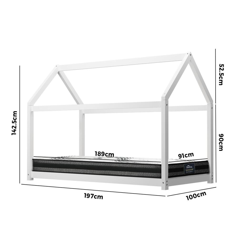 Oikiture Kids Bed Frame with Single Mattress House Style White