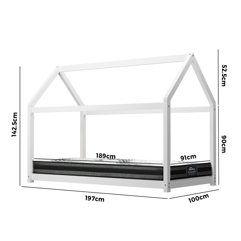 Oikiture Kids Bed Frame with Single Mattress House Style White