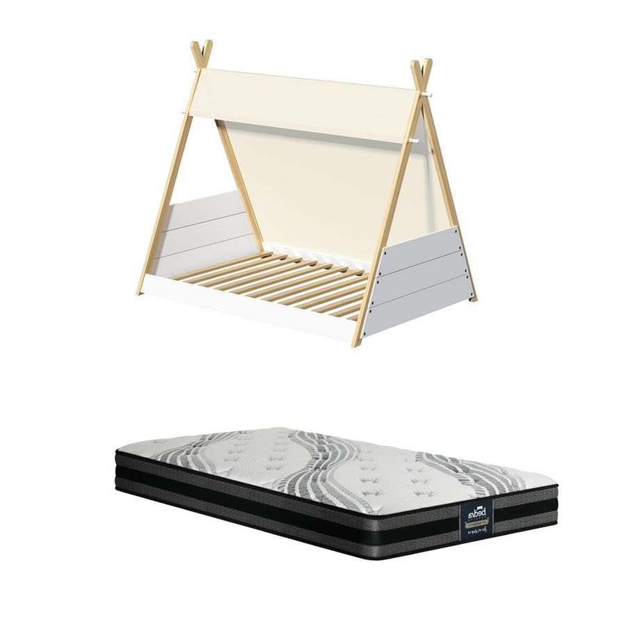 Oikiture Kids Bed Frame and Mattress Single House Teepee Triangle Beds