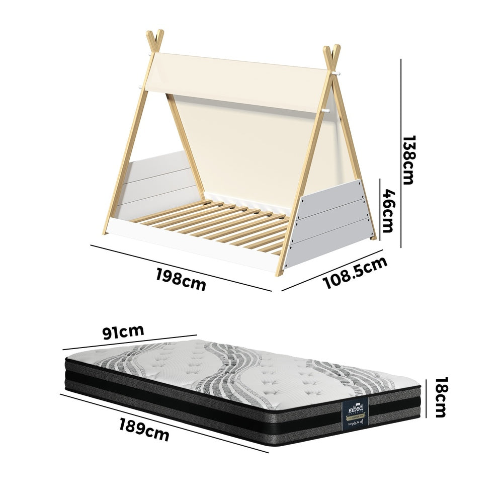 Oikiture Kids Bed Frame and Mattress Single House Teepee Triangle Beds